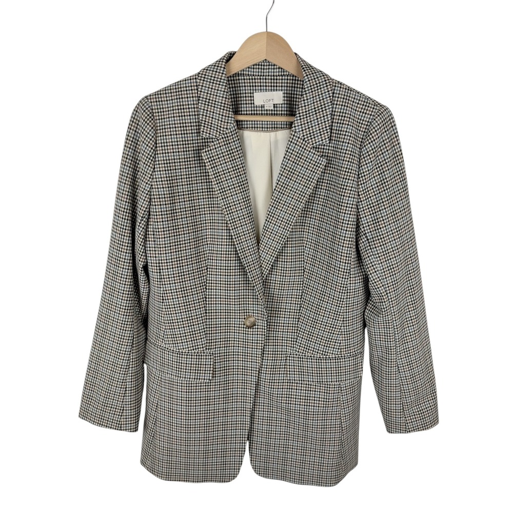Loft Plaid Longline Blazer Size 10 Brown Blue Check Dark Academia Preppy Office